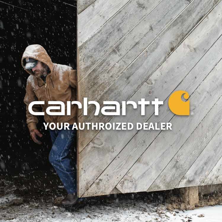 Carhartt logo with person wearing Carhartt jacket with words Your Authorized Dealer