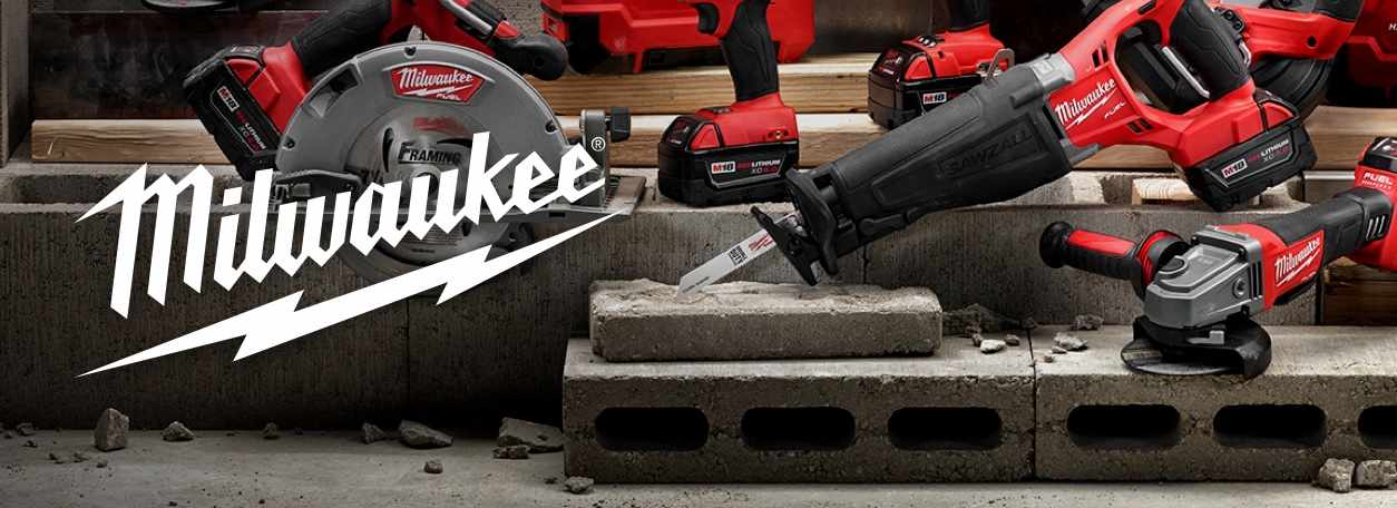 Milwaukee logo with power tools in background